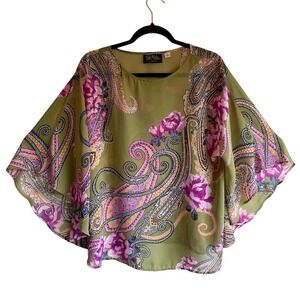 Bob Mackie Vintage Y2K Indie Sleaze Fairy Chartreuse Draping Paisley Blouse
